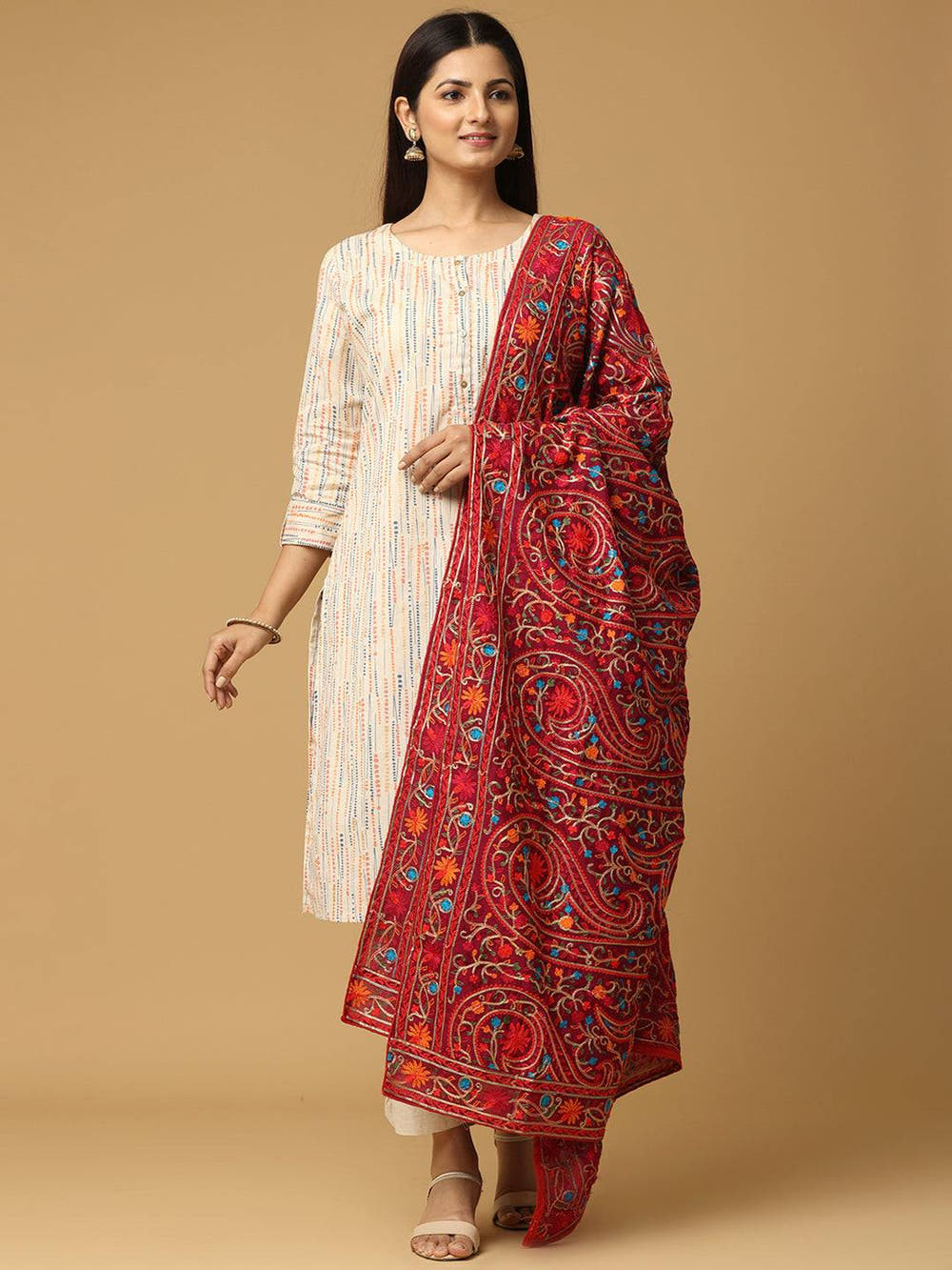Wine Allover Paisley Border Pashmina Dupatta