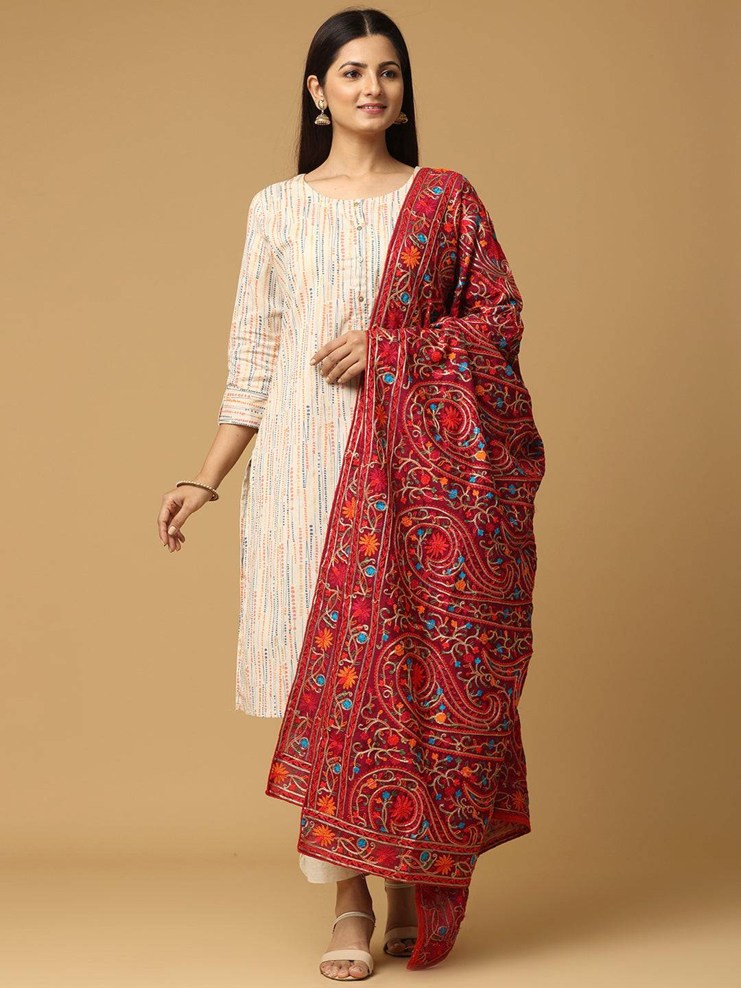 Wine Allover Paisley Border Pashmina Dupatta