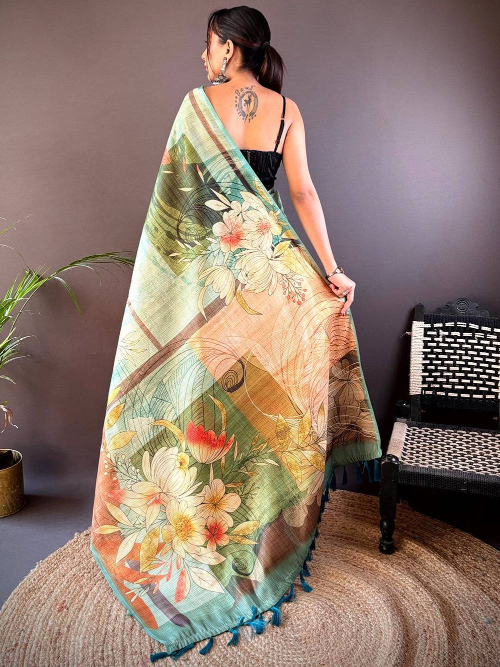 Rama Blue Zari Tussar Floral Saree
