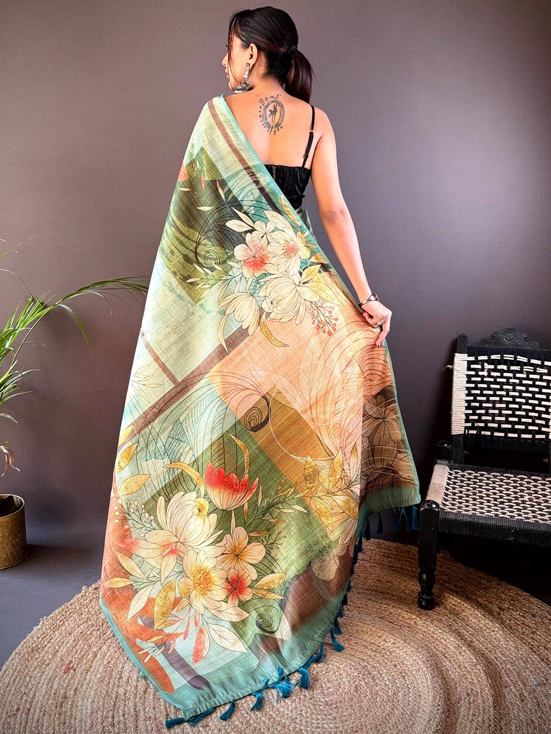 Rama Blue Zari Tussar Floral Saree