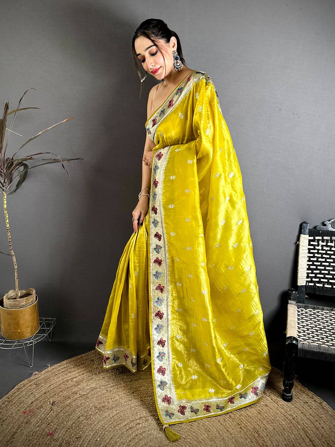 Yellow Crush Silk Zari Embroidered Saree