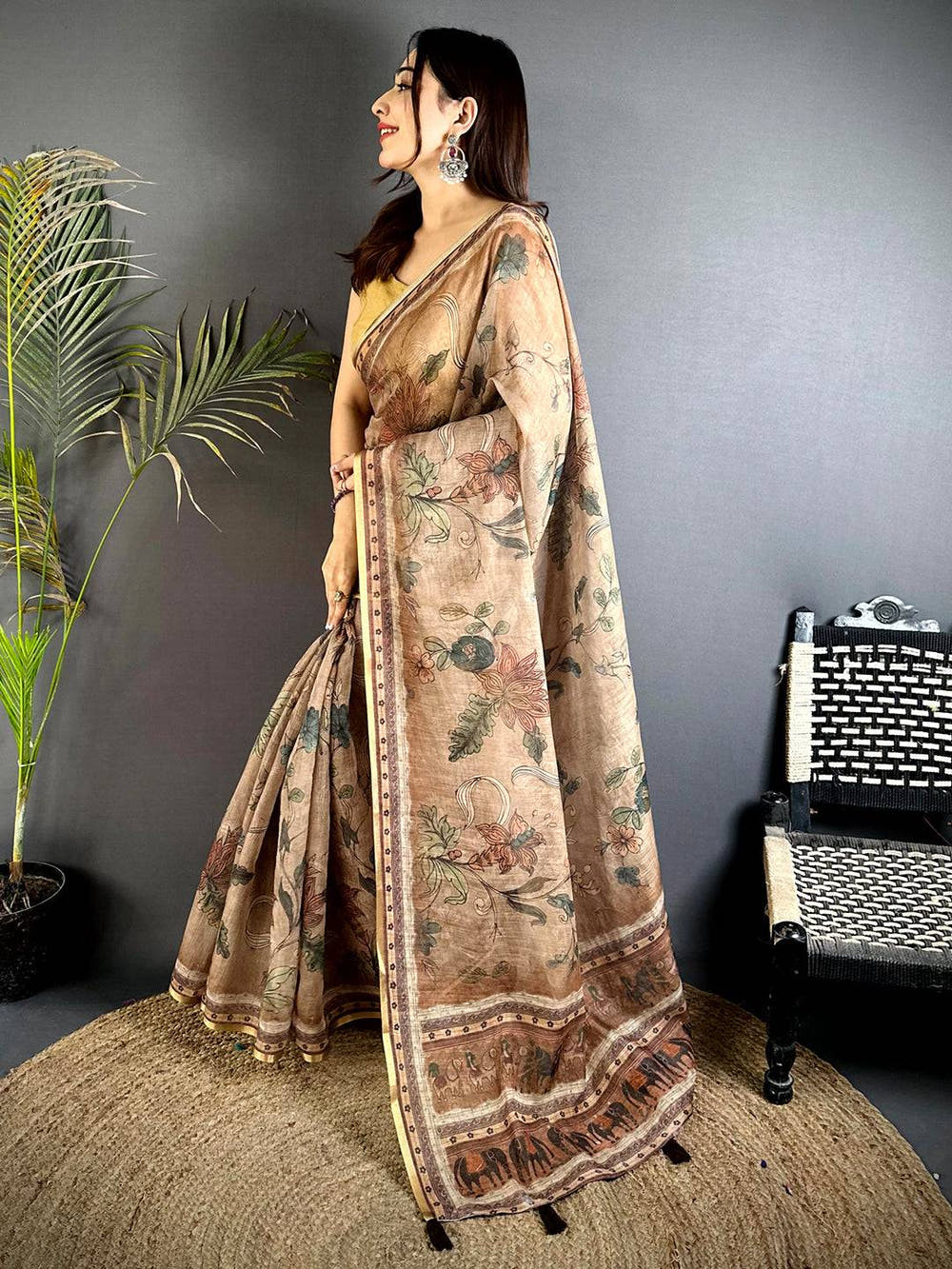 Stylish Dark Floral Linen Saree