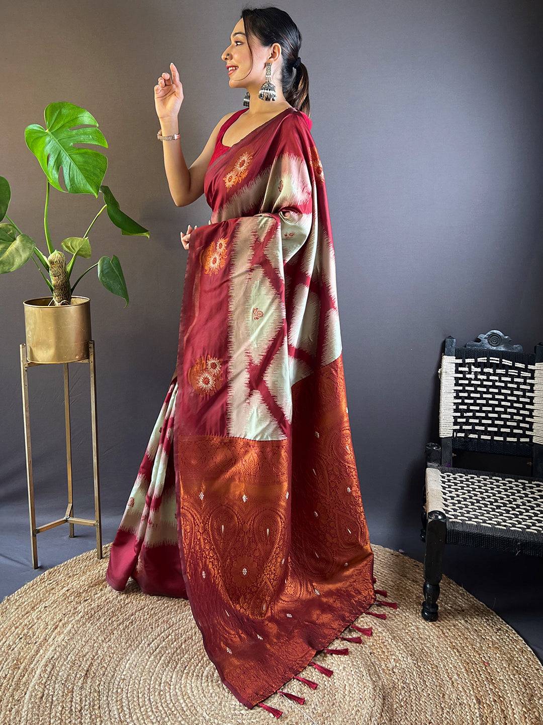 Maroon Tussar Silk Ikkat Weaving  Saree