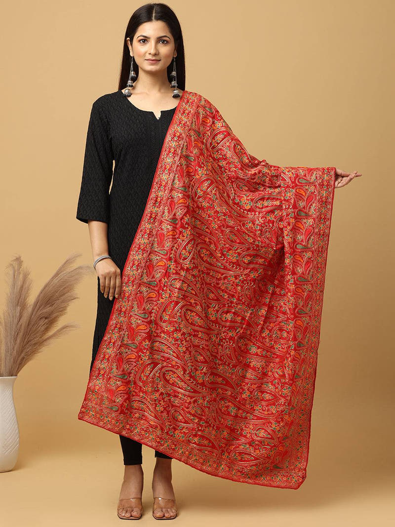 Red Fine Floral Paisley Pashmina Dupatta