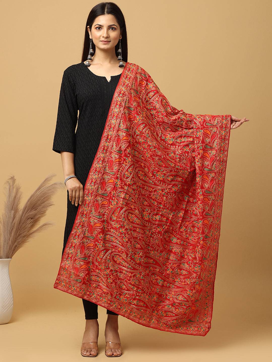 Red Fine Floral Paisley Pashmina Dupatta