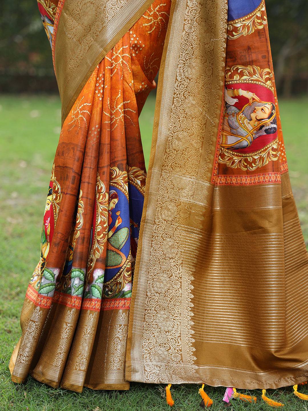 Orange Pure Viscose Dola Silk Saree with Mughal Print Border - Luxe
