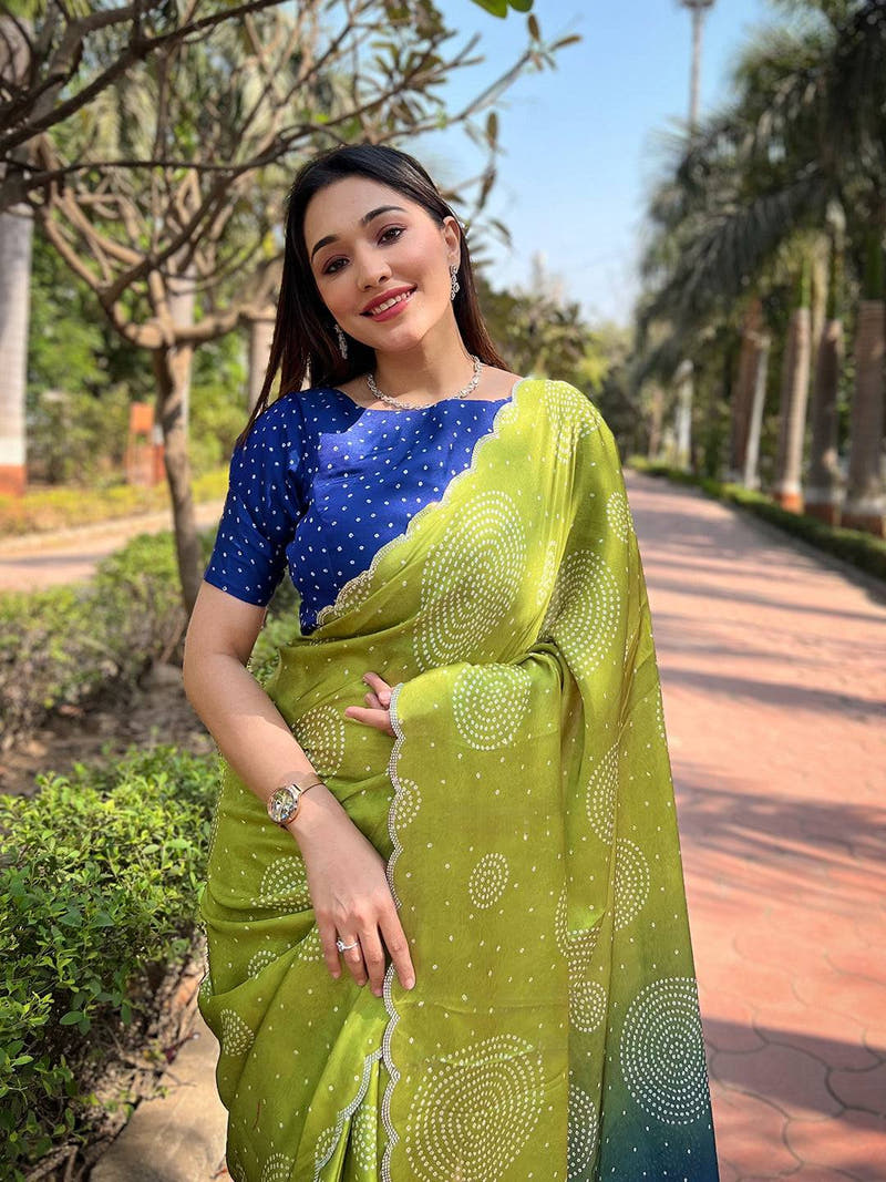 Lime Ombre Bandhej Georgette Silk Saree