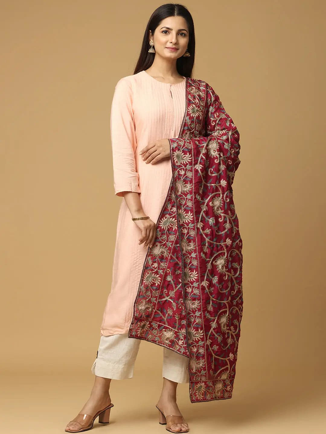 Wine Rich Floral Pashmina Dupatta