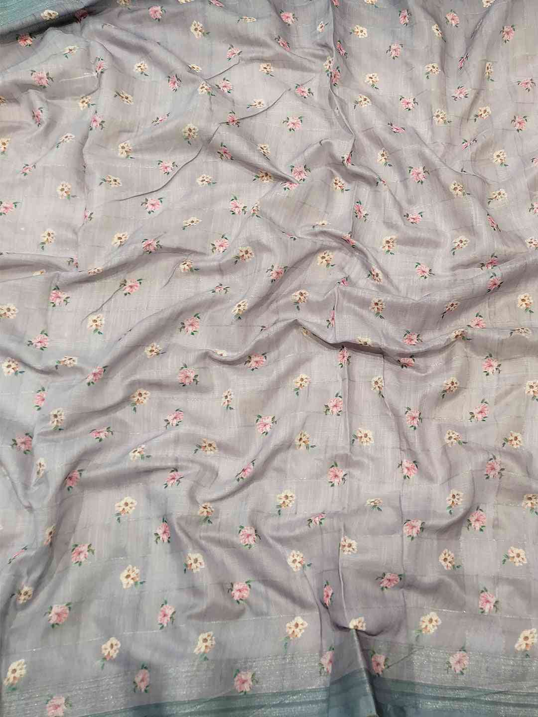 Grey Colour Traditional Self Zari Chex Weaving Floral Print Saree