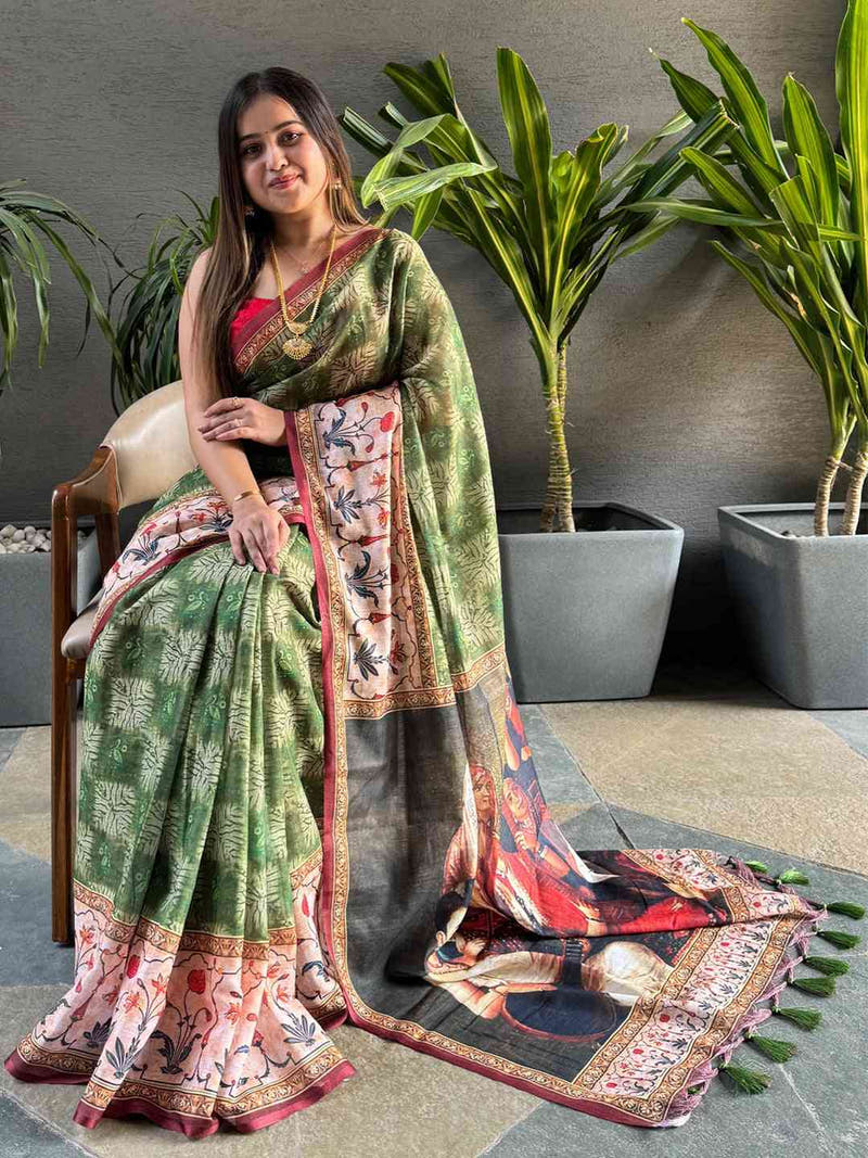 Green Colour Block Print Saree With kalamkari Print Pallu