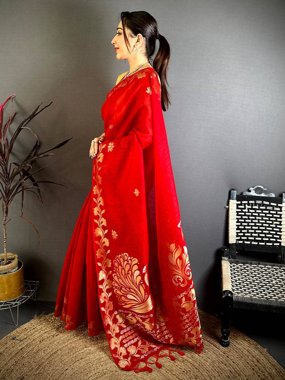 Red Peacock  Zari  Munga  Saree