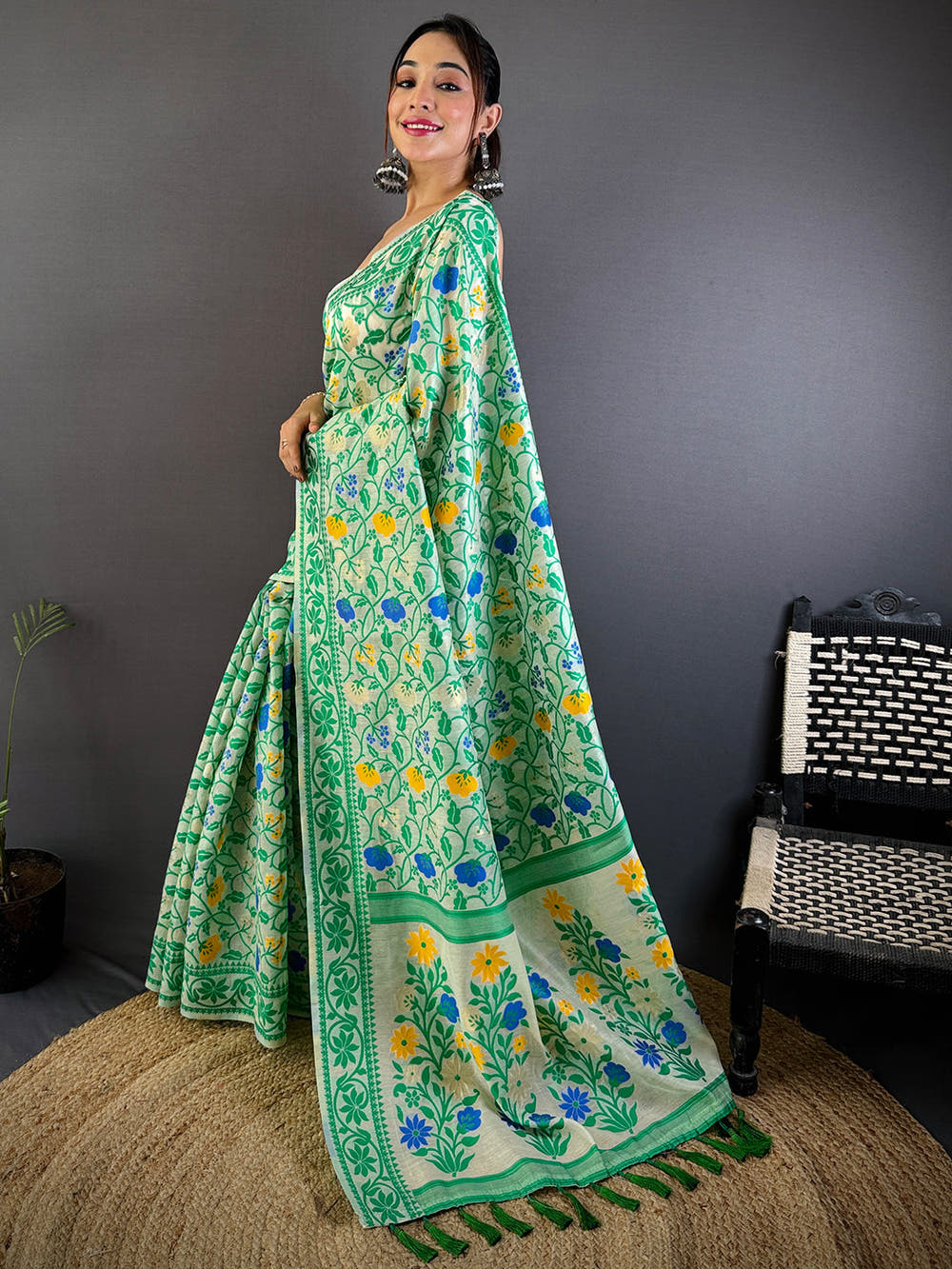 Green Dhakai Jamdani Cotton Silk Saree