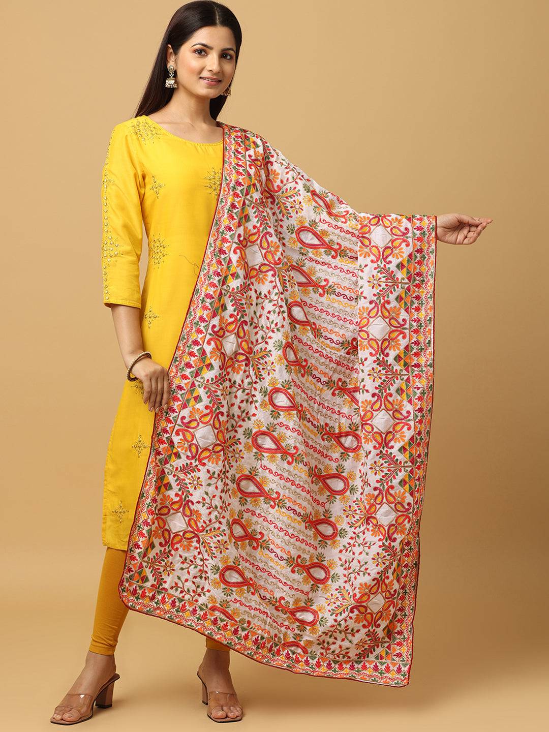 Ivory Orange Paisley Pashmina Dupatta