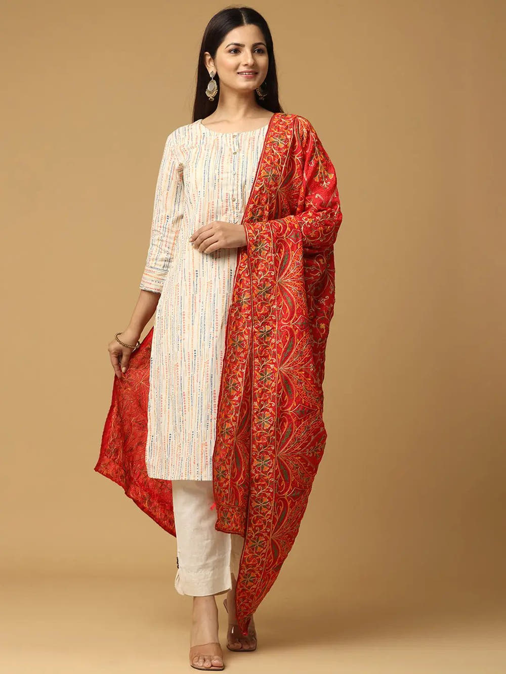 Bright Red Orange Dense Floral Pashmina Dupatta