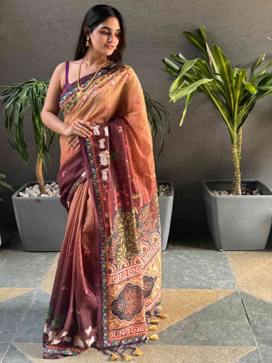 Soft Linen Ombre Pichwai Printed Wine Colour Saree