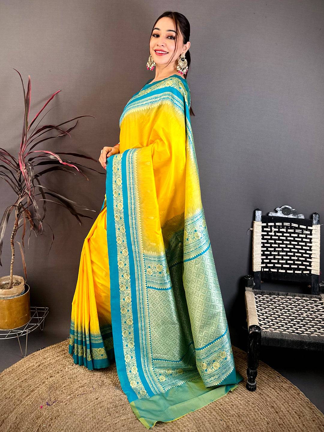Gold Zari Woven Yellow Soft Silk Saree