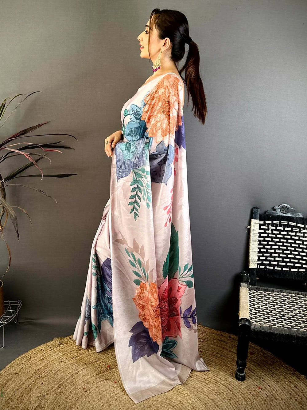Lavender Soft Chiffon Floral Stone Work Saree