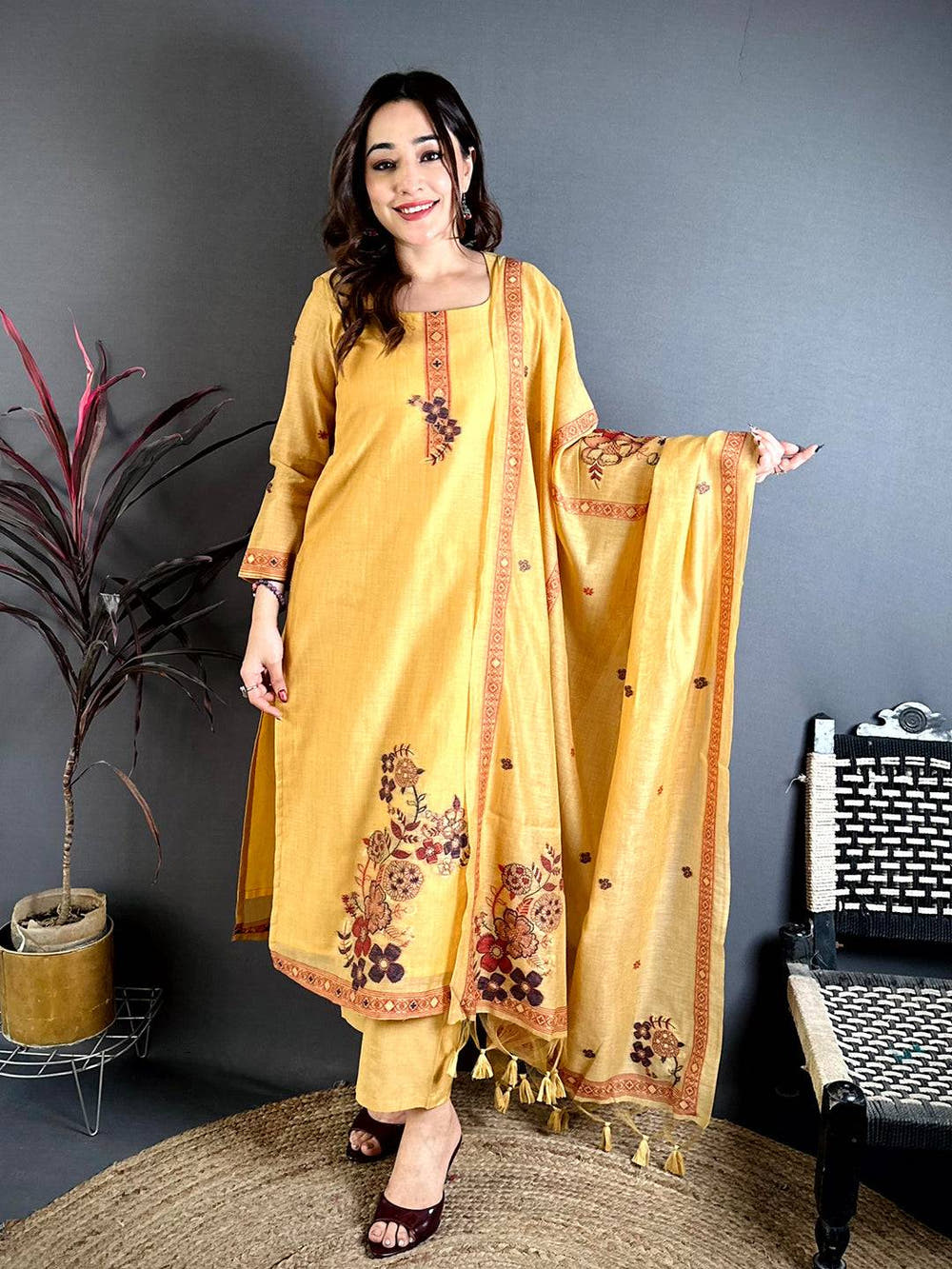 Classic Mustard Mul Cotton Floral Dress