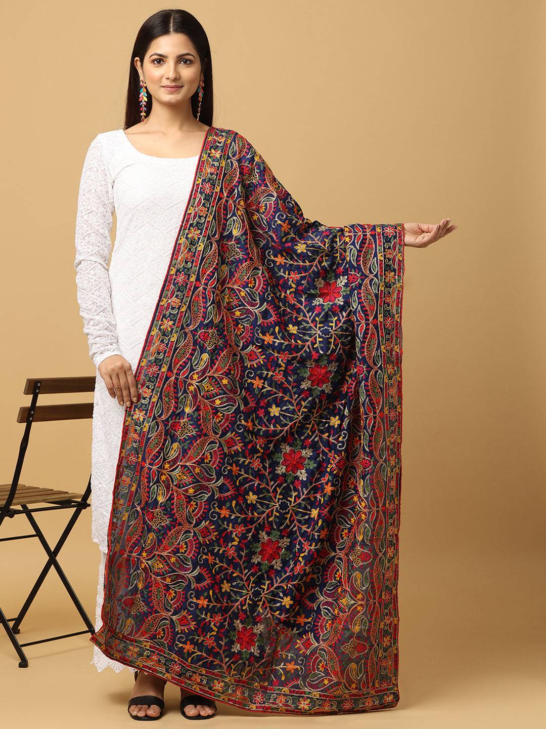 Navy Deep Multicolour Floral Pashmina Dupatta