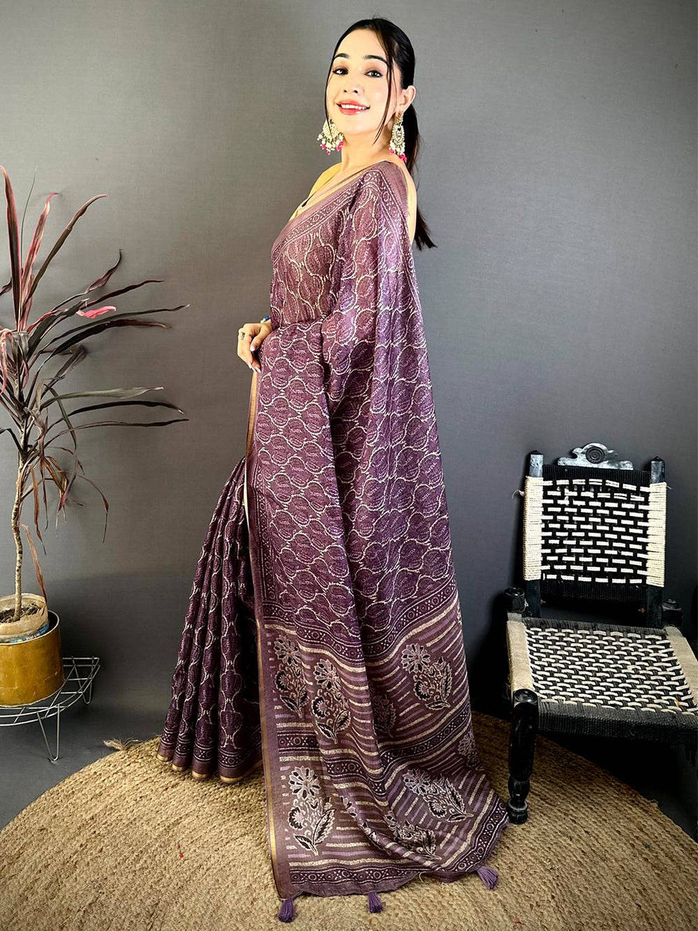 Purple Ajrakh Digital Print Kota Saree