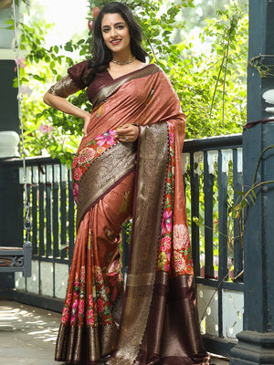 Brown Colour Pure Viscose Dola Silk Saree with Floral Print - Luxe