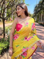 Yellow Satin Georgette Floral Print Saree