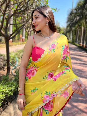 Yellow Satin Georgette Floral Print Saree