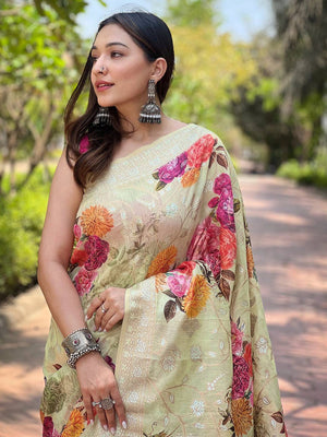 Pista Lakhnavi Bandla Zari Weaving Saree