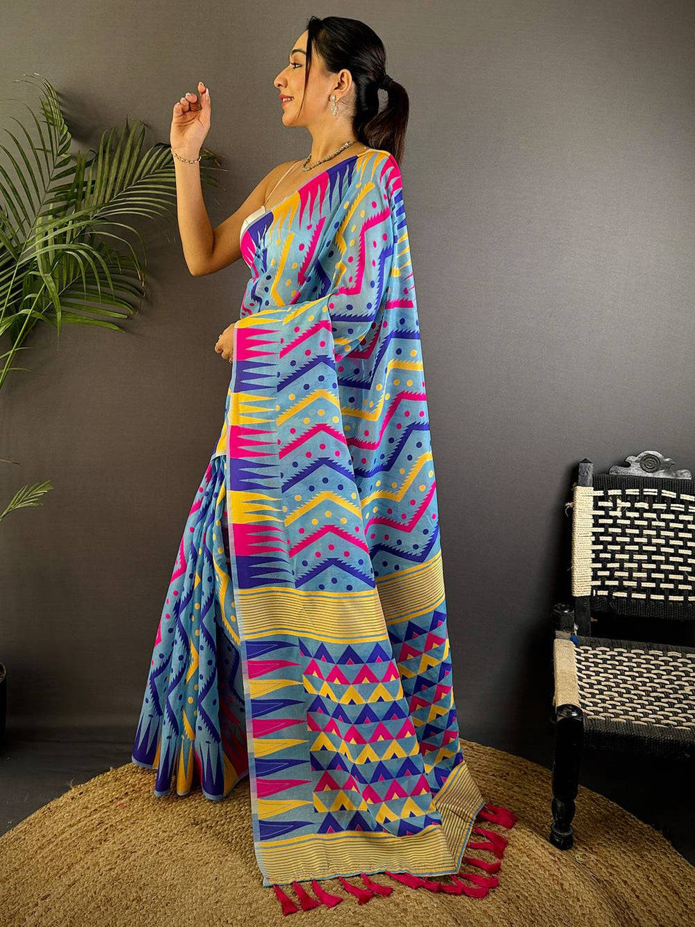 Royal Sky Blue Dhakai Cotton Jamdani Saree