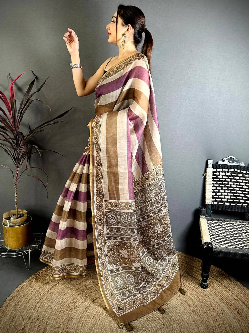 Heritage Stripe Linen Chanderi Saree