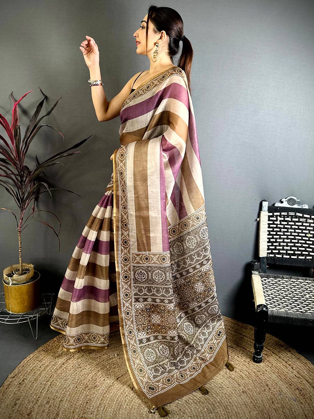 Heritage Stripe Linen Chanderi Saree