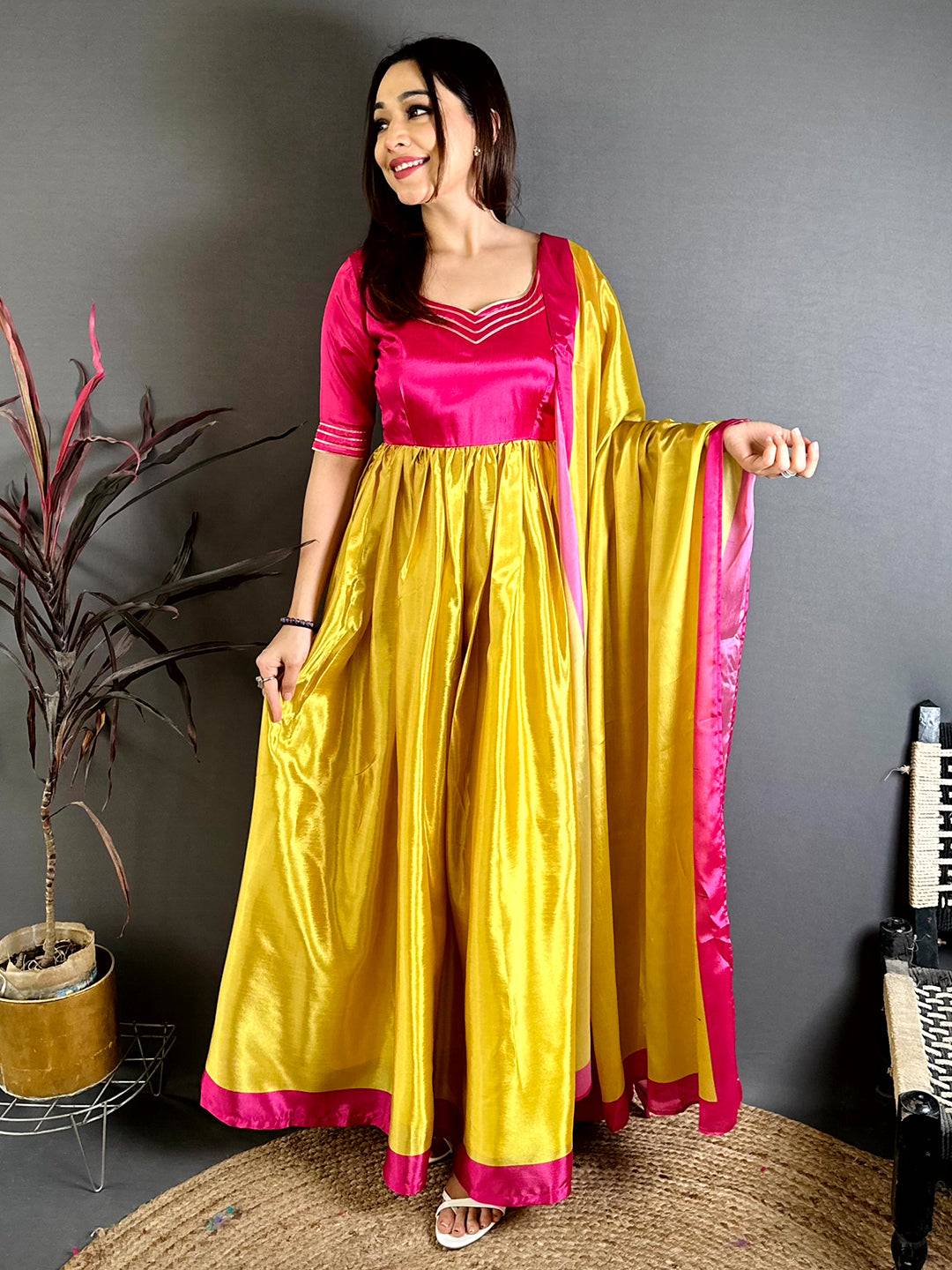 Royal  Paan  Neck  Chiffon  Dress