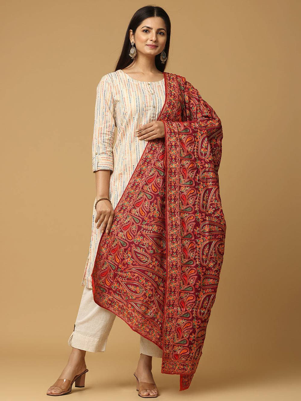 Wine Allover Fine Floral Pashmina Dupatta
