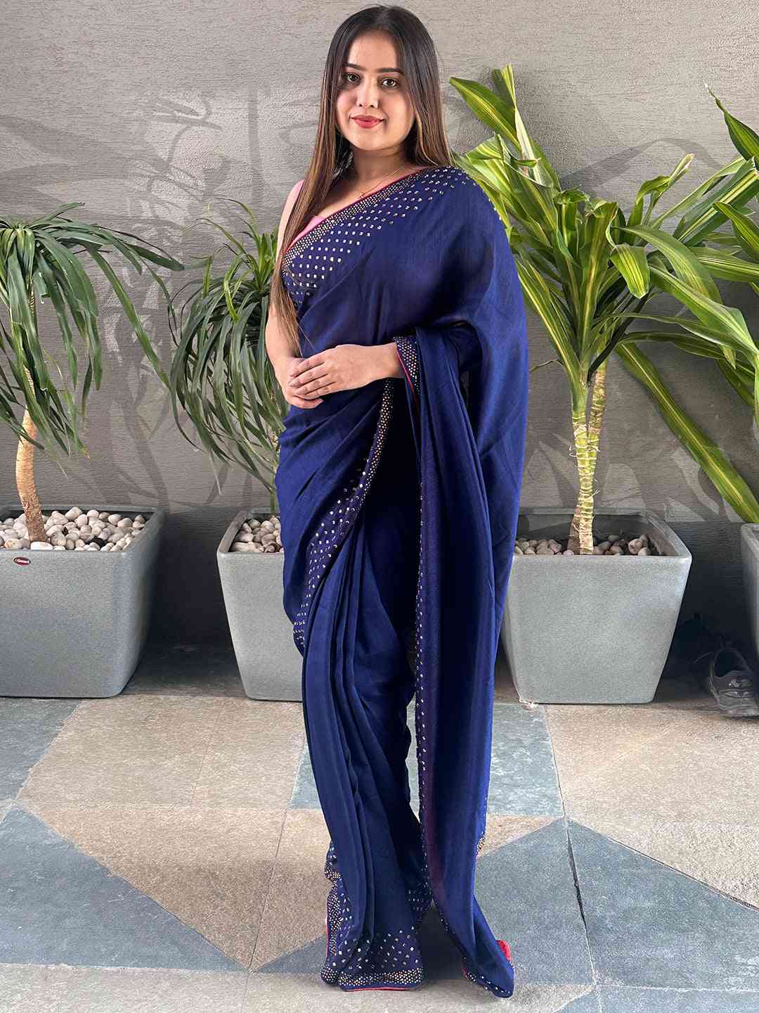 Radiant Navy Colour Vichitra Silk Saree