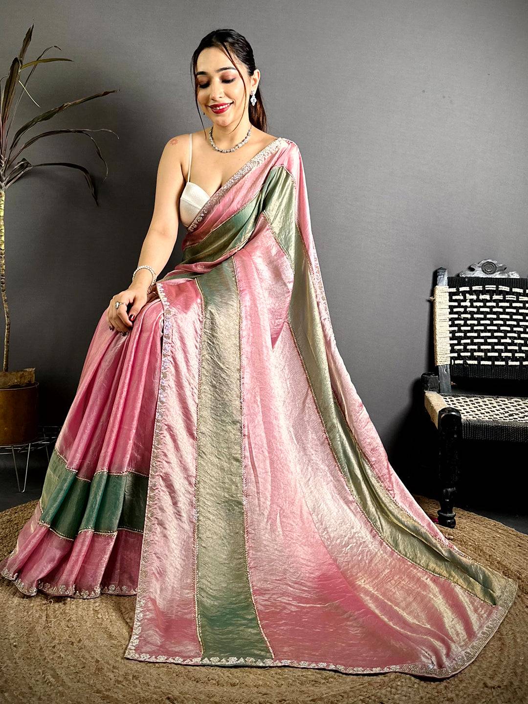 Opulent Satin Tissue Diamond Work Saree