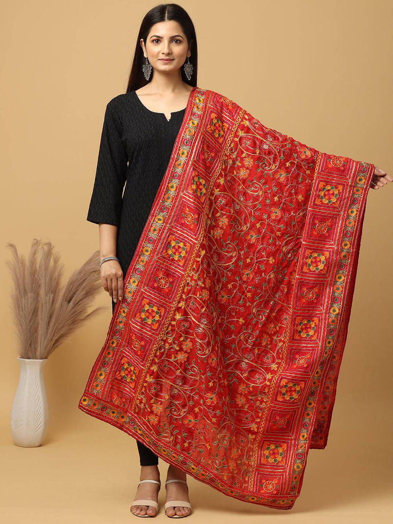 Red Multicolour Floral Jaal Pashmina Dupatta
