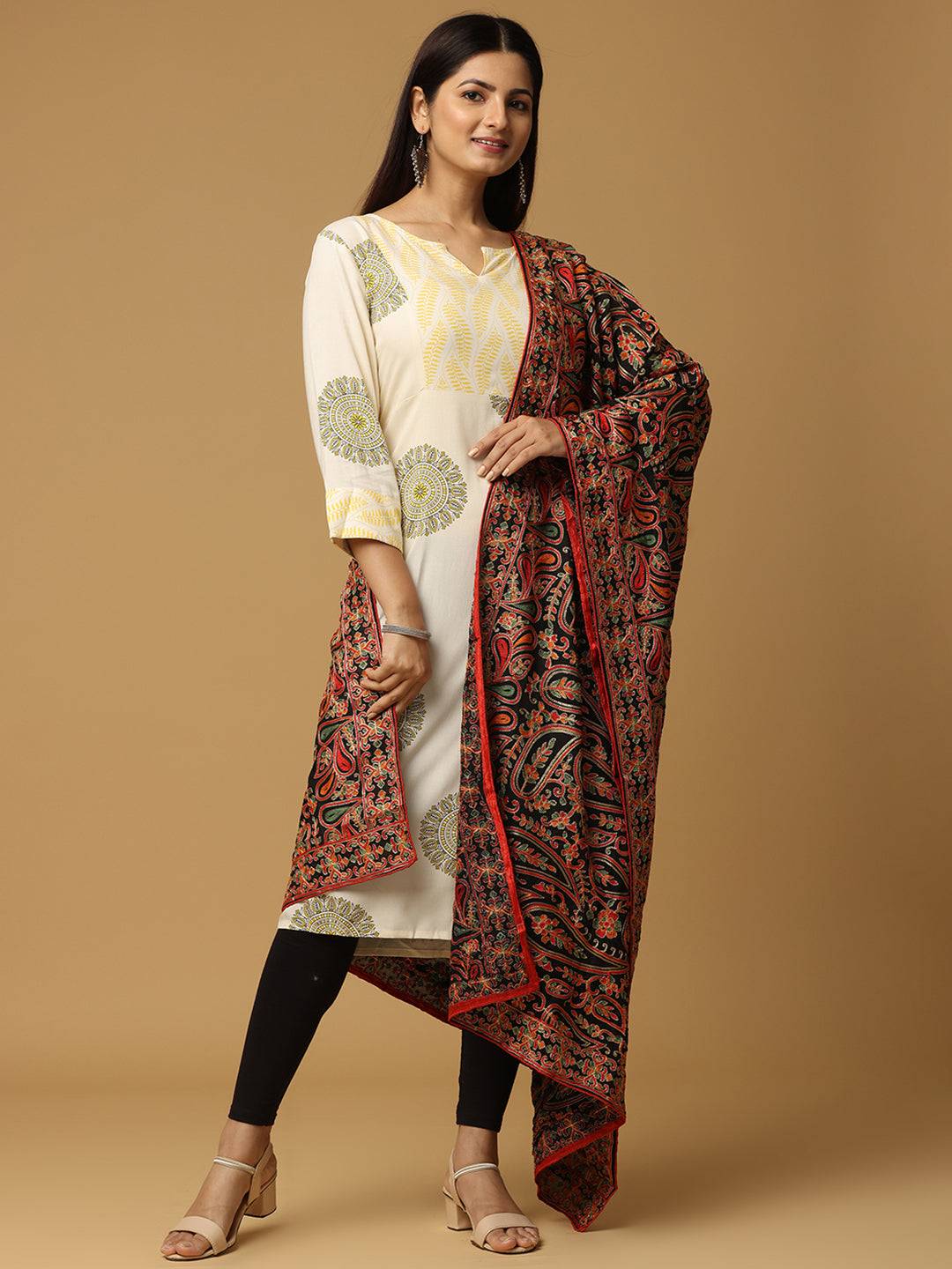 Black Rich Dense Floral Pashmina Dupatta