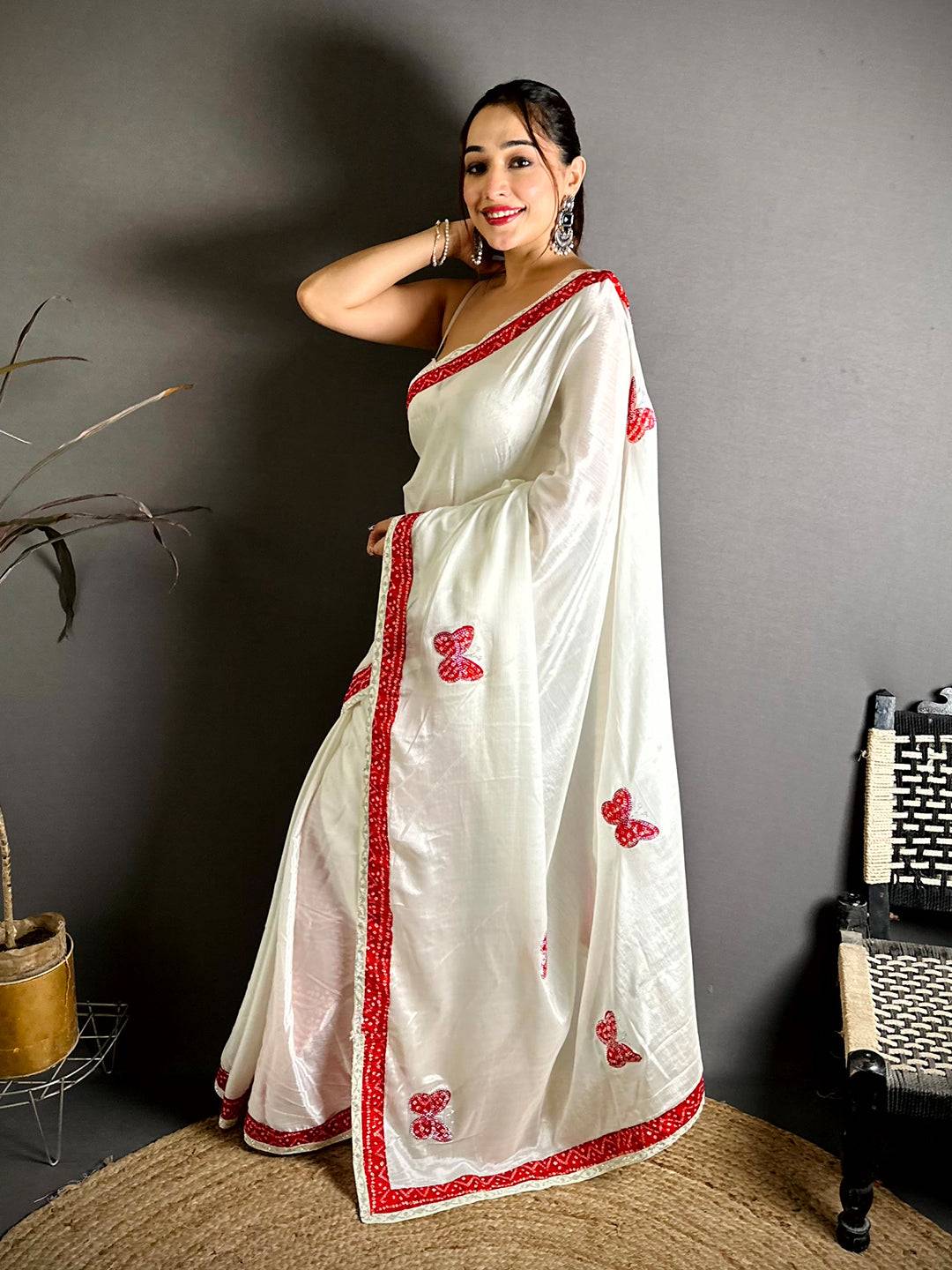 Red Soft Chinnon Butterfly Butta Saree