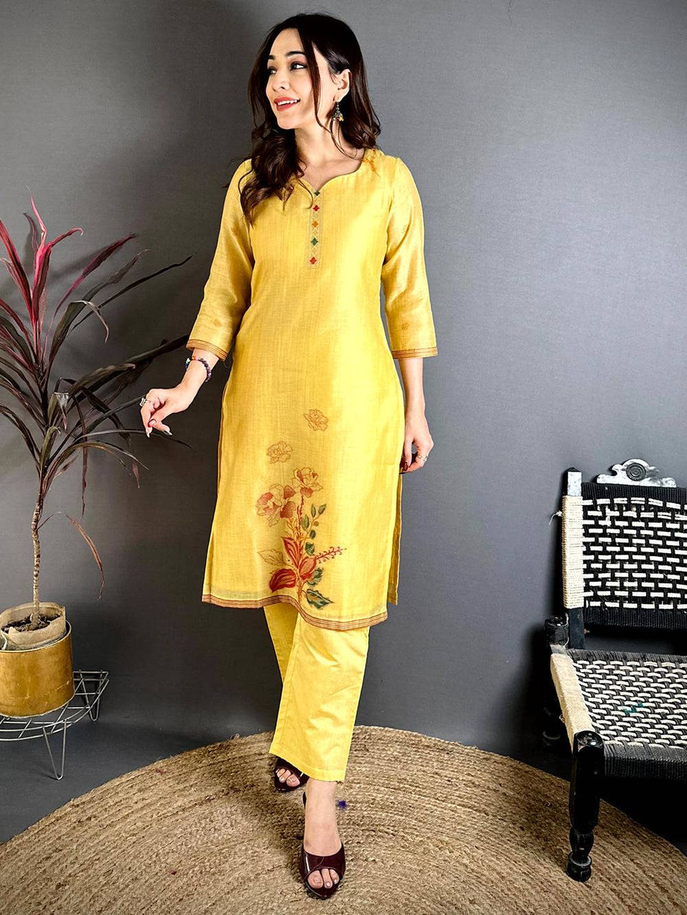 Mustard  Floral  Weave   Dress