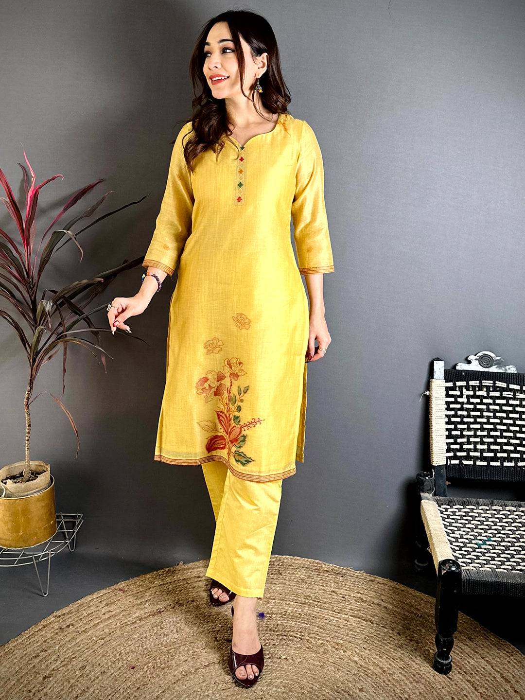 Mustard  Floral  Weave   Dress