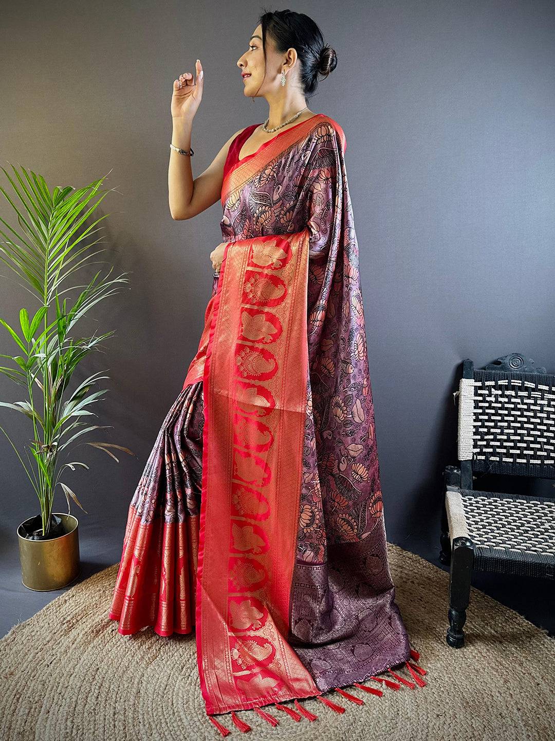 Cherry Satin Silk Kalamkari Saree