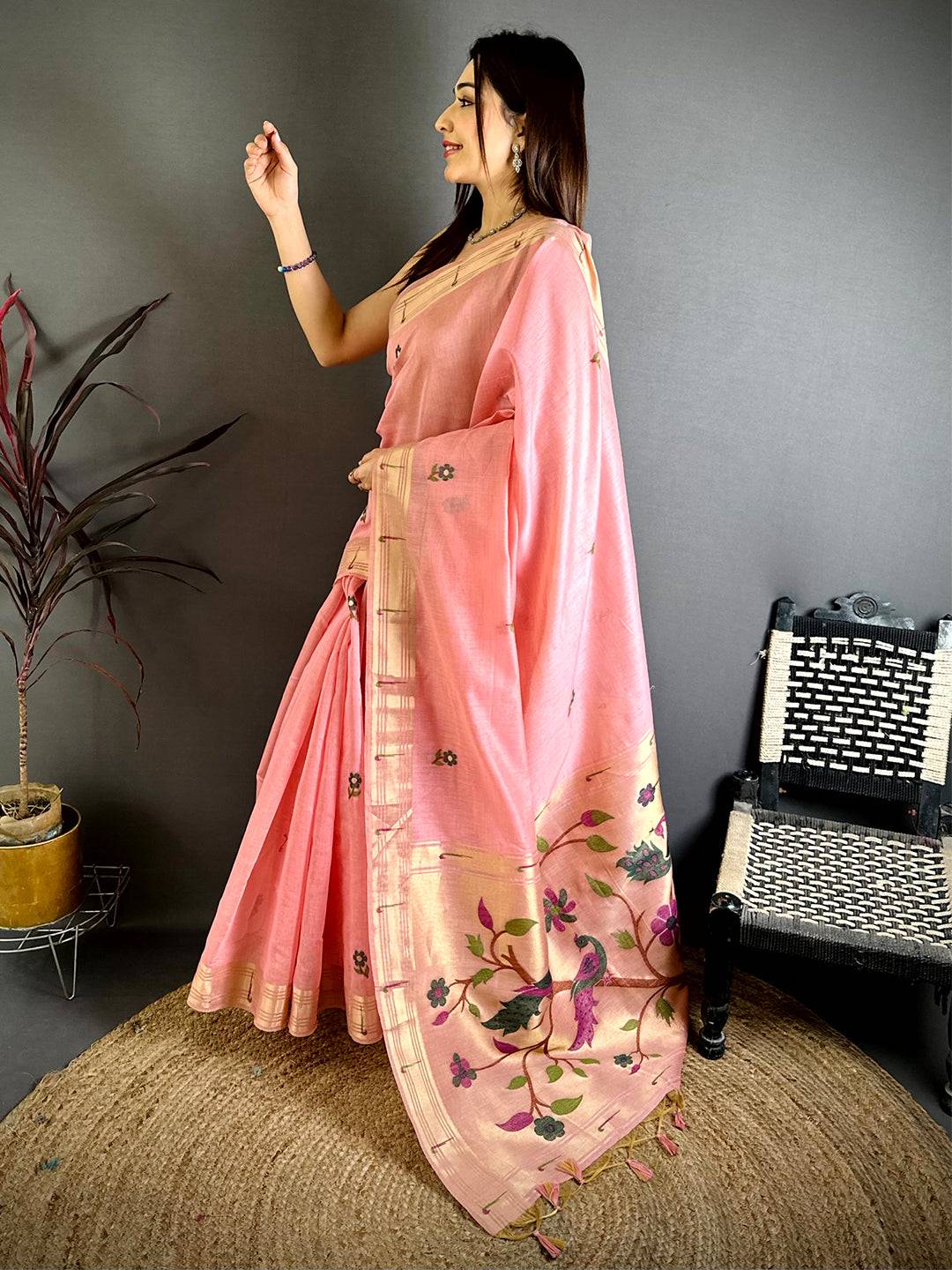 Pink Sunflower Minakari Khadi Saree