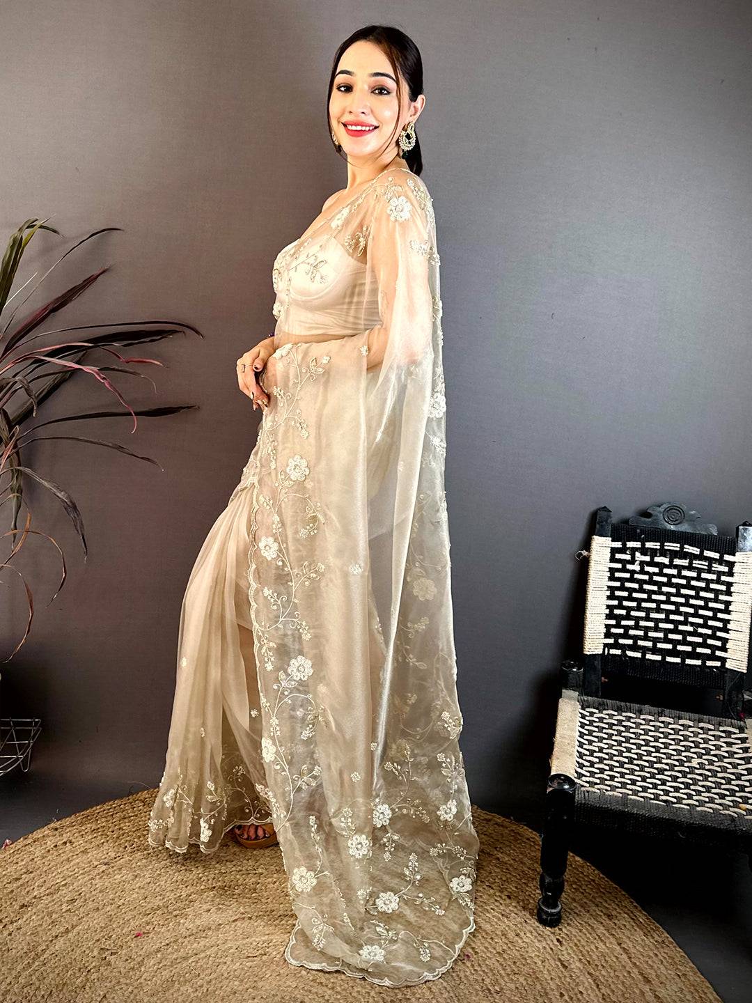 Cream Pearl Work Glass Organza Saree