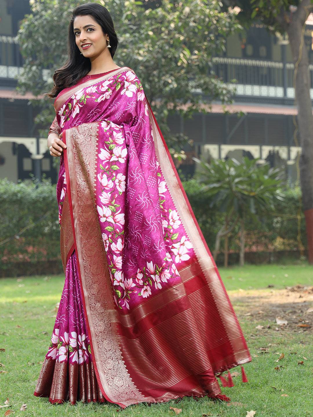 Magenta Pure Viscose Dola Silk Saree With Floral Print Border - Luxe