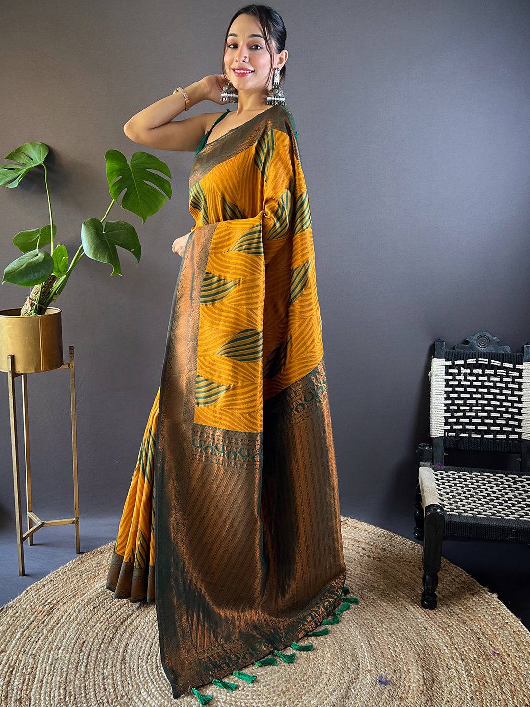 Mustard Tussar Silk Zari Weaving Ikkat Saree