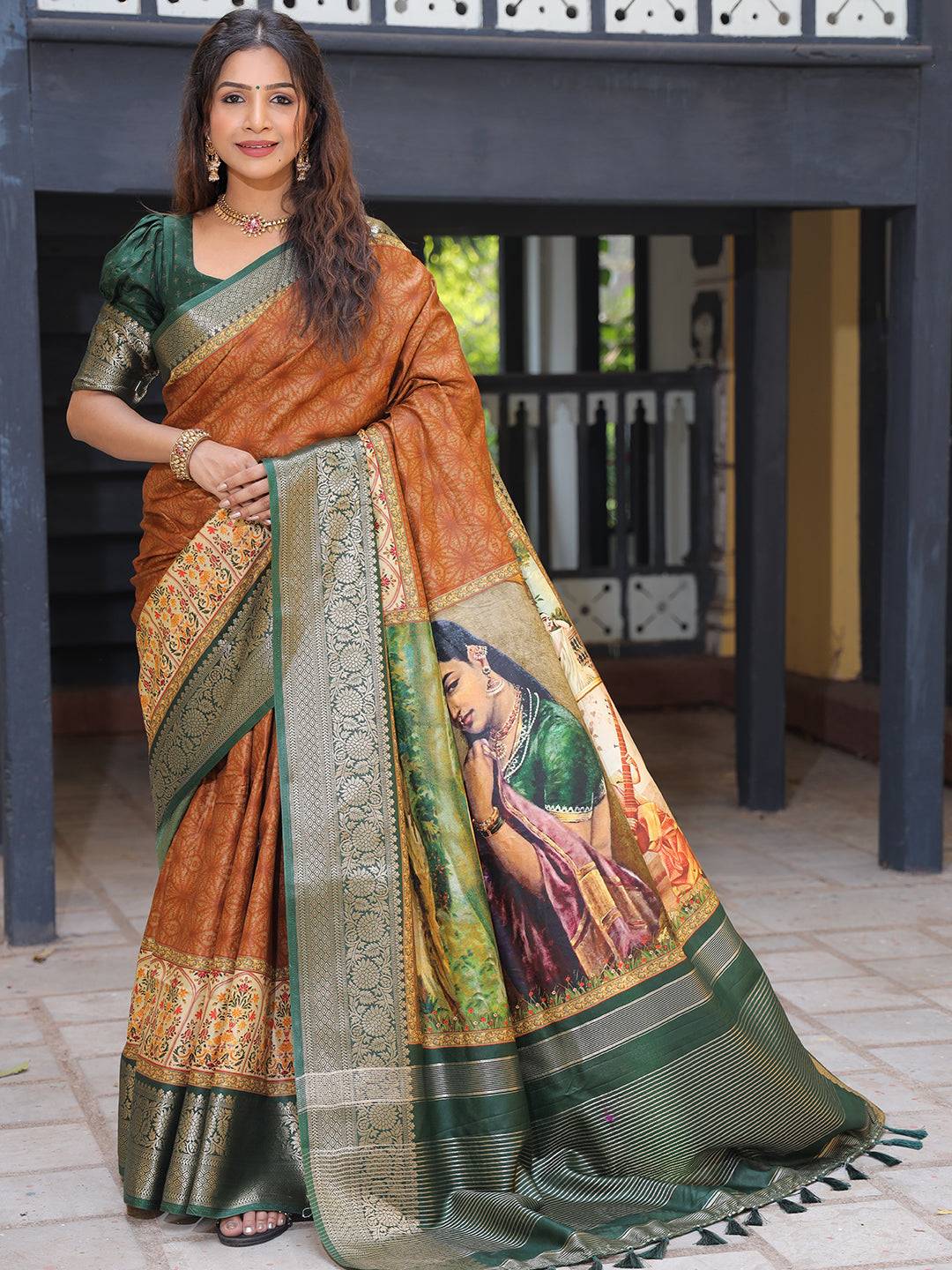 Brown Pure Viscose Dola Silk Saree With Kalamkari And Mughal Print - Luxe