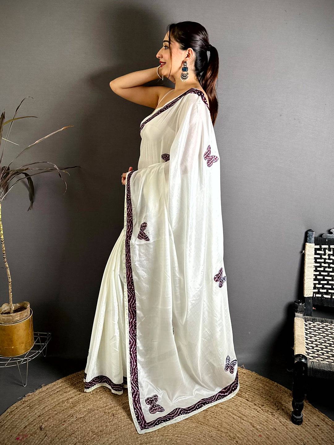 Wine Soft Chinnon Butterfly Butta Saree