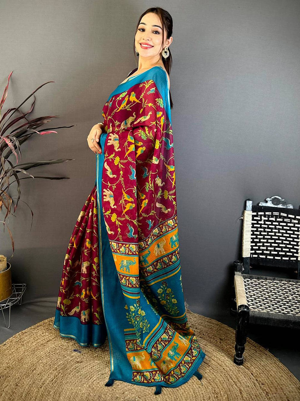 Wine Kota Doriya Block Print Saree