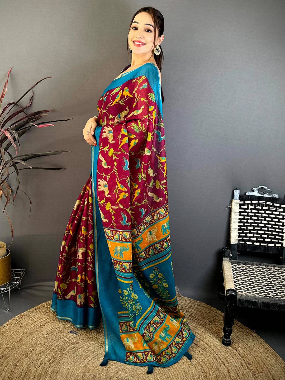 Wine Kota Doriya Block Print Saree