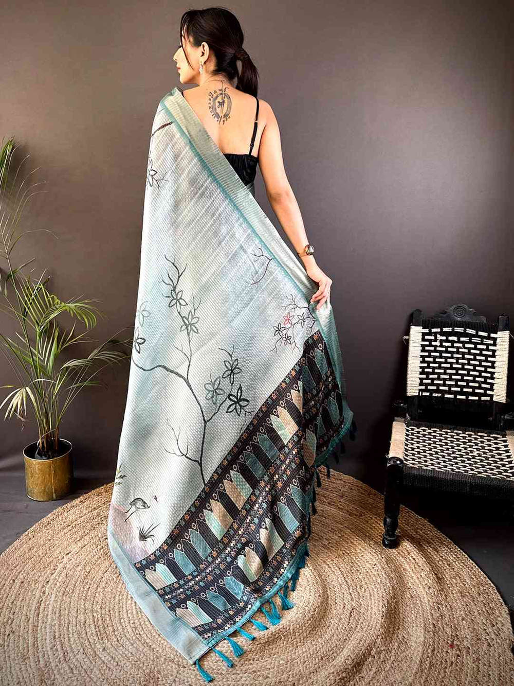 Powder Blue Tussar Chex Japanese Print Saree